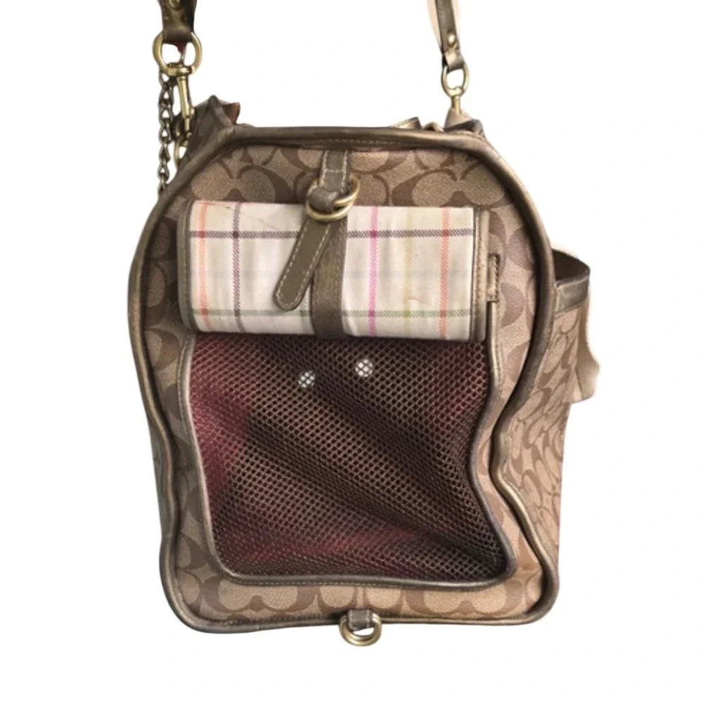 Flawed Gem! Coach Signature Heritage Stripe Pet Carrier Khaki Gold Metallic Bag
